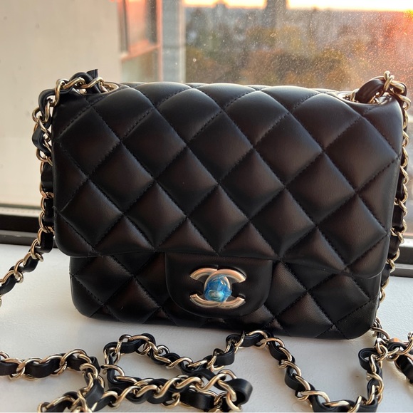 NWT Chanel Black CC Mini Square Lambskin Classic Flap w Receipt! Champagne HW - Picture 6 of 14
